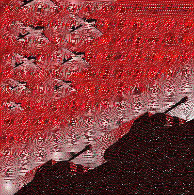 Due carrarmati e degli aerei in un dipinto minimalista